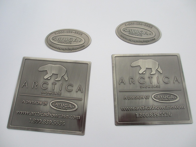 furniture label, custom antique logo, metal embossed nameplate, oval badge, old silver metal badge