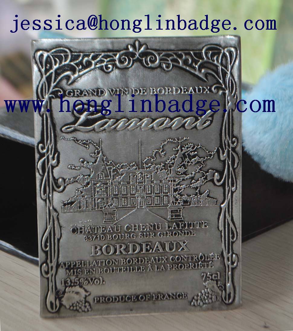 Metal bottle label with 3M-tape for wine bottle custom metal car badge/emblem with 3M sticker