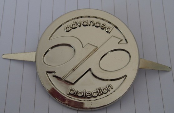zinc alloy embossed badge with two legs